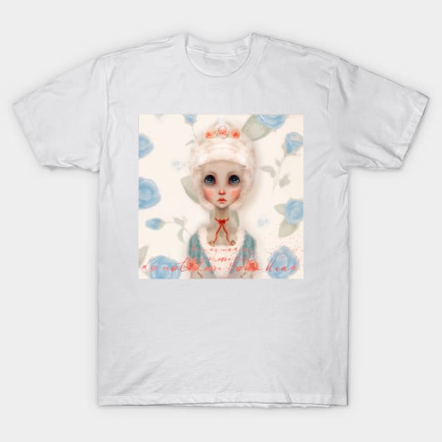 Run As Mad As You Choose Marie Antoinette Portrait With Red Silk Bow Silver Hair Updo With Light Pink Baby Rose Crown And A Light Blue Rose BackGround Done In Anime Style T-Shirt by penandbea